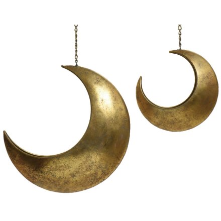 A set of 2 iron moon shaped planters with a golden finish. Suitable for indoor and outdoor use.