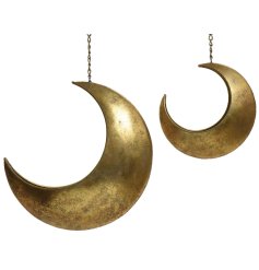 A set of 2 iron moon shaped planters with a golden finish. Suitable for indoor and outdoor use.