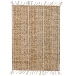 An attractive sea grass table runner with white cotton lines and fringes. 