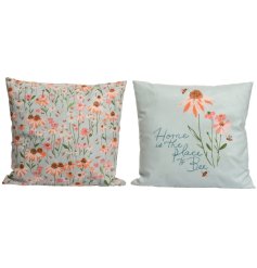 An assortment of 2 bright and beautiful Bee themed cushions with wild flowers.