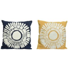 An assortment of 2 soft cotton cushions in navy and yellow colours. Complete with sun shaped stitching.