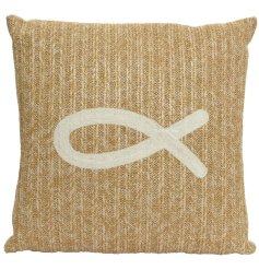 A charming jute cushion with a contemporary stitched fish design. A stylish coastal themed interior accessory.