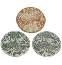 An assortment of circular rugs suitable for indoor and outdoor use. Each is in an on trend colour with a leaf design