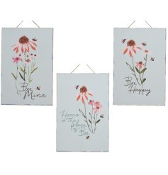 An assortment of 3 wooden plaques each with a beautiful bee and floral themed print in pretty pastel colours. 
