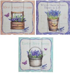 An assortment of 3 rustic wooden signs featuring vintage inspired lavender and butterfly images. Complete with love them