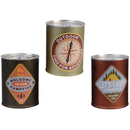 An assortment of 3 outdoor adventure candle tins filled with citronella candles.
