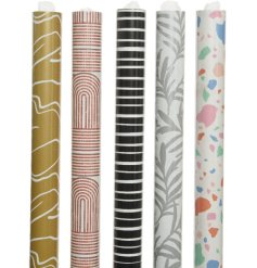 An assortment of 5 contemporary rolls of gift wrap. Each has been beautifully designed with a colourful, on trend print.
