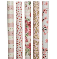 An assortment of 5 bright and beautiful gift wrap in polka dot, floral and heart designs. 