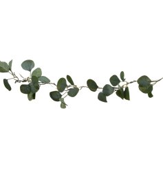 A beautiful and unique garland with artificial eucalyptus and warm glow micro LED lights.