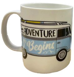 A cool porcelain mug with a VW T1 Camper Bus, complete with surf design.