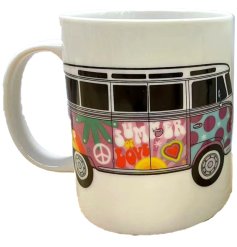 A fine quality porcelain mug with a bold and bright Summer of Love VW T1 Camper Bus.