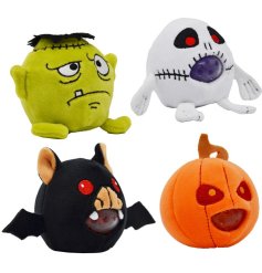 An assortment of 4 halloween themed soft toys. Squeeze and see spooky slime ooze out. 