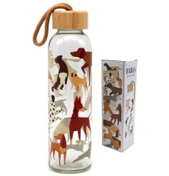 A reusable glass water bottle with bamboo lid and contemporary dog design. 