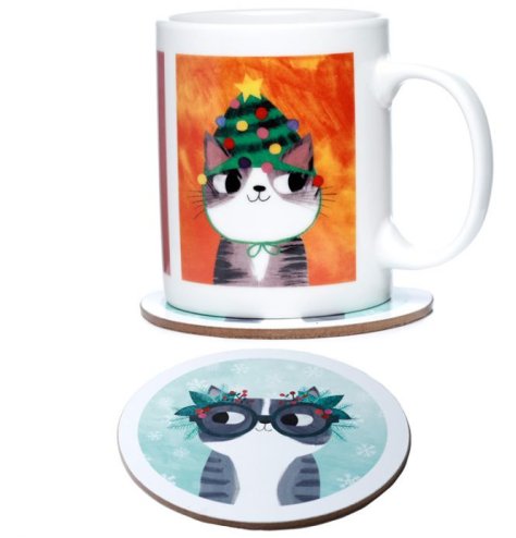 A unique Christmas gift set featuring a colourful and quirky mug and coaster with illustrations by Angie Rozelaar
