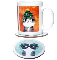 A colourful and quirky planet cat Christmas mug and coaster set illustrated by the talented Angie Rozelaar