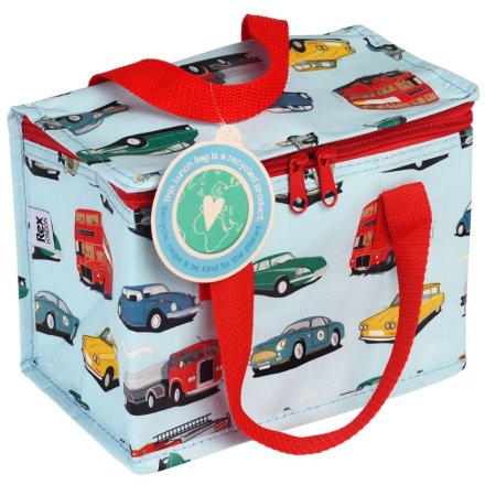 Made from recycled materials with a vintage transport design and red carry handle