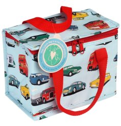 Made from recycled materials with a vintage transport design and red carry handle