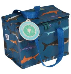 An insulated lunch bag decorated with a stylish shark print. Made from recycled materials and foil lined for insulation.
