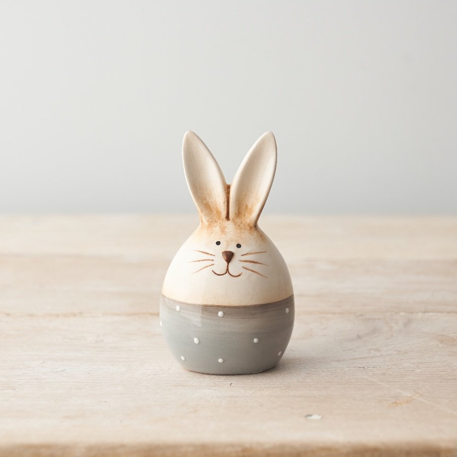 A charming and unique bunny egg decoration with a painterly finish and rich glossy glaze.