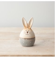 A charming and unique bunny egg decoration with a painterly finish and rich glossy glaze.