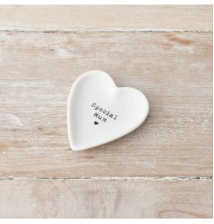 A charming heart shaped trinket dish with 'Special Mum' slogan.