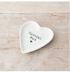 A chic heart shaped trinket dish with a 'Special Mum' slogan. 
