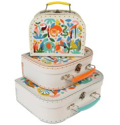 A set of 3 colourful and unique animal themed storage cases. Each has a bright and bold coloured handle