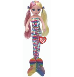 A colourful mermaid with Mylar-infused two tone hair and a rainbow crown. Complete with colour changing sequins.