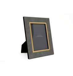 A chic and stylish photo frame with a grey weave design and gold detailing.