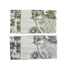 A pack of two woodland toile tea towels in fox and mixed animal designs.