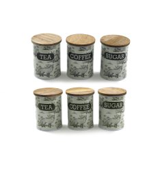 Tea, Coffee and Sugar storage tins decorated with a stylish forest toile design. Complete with wooden lid. 