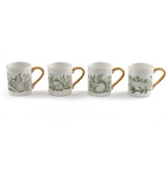 An assortment of 4 fine quality ceramic mugs, each with a beautiful forest toile design and luxurious gold handle.