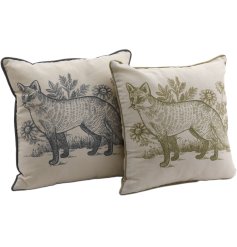 A mix of 2 filled cushions in green and blue earthy colours. Each has a bold woodland toile print with fox.