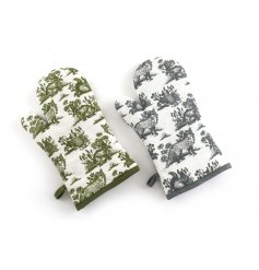 An assortment of 2 enchanting single oven gloves in earthy green and blue hues. Each has a whimsical forest toile print.