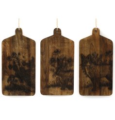 An assortment of 3 rustic wooden boards engraved with a forest toile image. Complete with rope hanger.