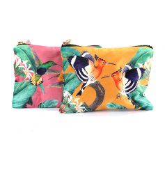 An assortment of 2 velvet bags in tropical orange and pink colours. Each has a beautiful birds of paradise print