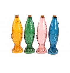 An assortment of 4 colour block fish bottles. Vintage inspired glass bottles with beautiful details and a cork top.