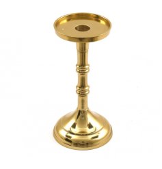 An elegant gold metal pillar candlestick. A classic item to compliment many interior styles.