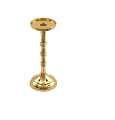 An elegant gold metal candlestick candle holder, ideal for pillar candles.