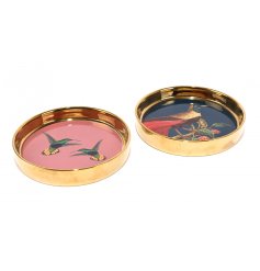 A mix of 2 jewel coloured trinket dishes with a beautifully illustrated tropical bird.
