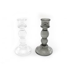 An assortment of 2 tapered glass candle holders in clear and grey designs.