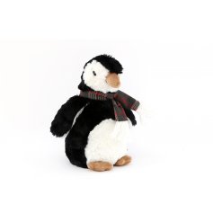 A super soft fluffy penguin doorstop with tartan scarf.