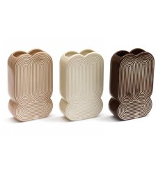 An assortment of 3 abstract vases, each with a contemporary rainbow style pattern in neutral colours.