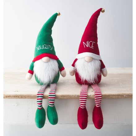 A mix of 2 naughty and nice shelf sitting gonks in festive red and green colours. Complete with embroidered hats.