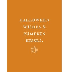 Halloween Wishes and Pumpkin Kisses mini metal sign. Complete with jute string.