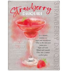 A colourful vintage metal sign featuring a Strawberry Daiquiri drawing, complete with recipe and method. 