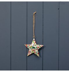 A stylish metal star decorated with a red and green Christmas pattern. Complete with a gold edge and jute string hanger.