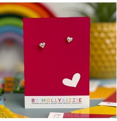A pair of pretty heart shaped silver sterling earrings set upon a vibrant backing card with heart design.