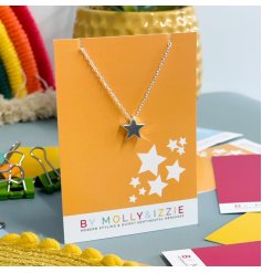 A stylish silver necklace with chain and star charm. Set upon a colourful star design backing card.
