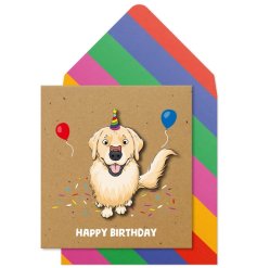 A colourful 3D greetings card featuring a jolly birthday dog with confetti and a party hat.